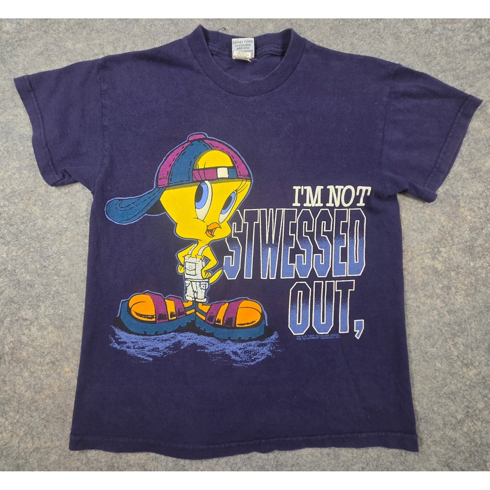 Vintage 1995 Looney Tunes Tweety Bird Shirt Navy Blue 90s Made in USA S/M 2 Side